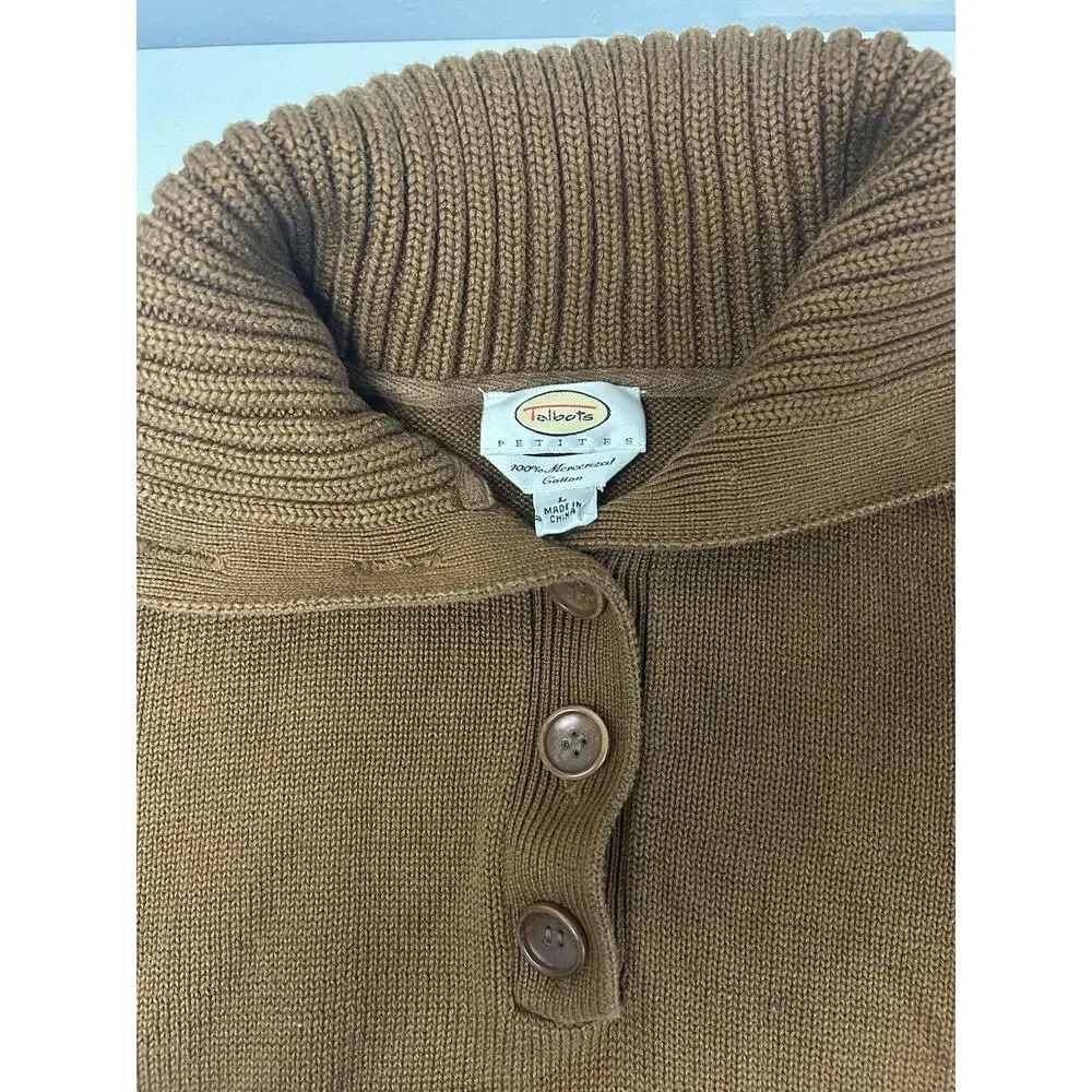 Talbots Womens LP Brown Mercerized Cotton 3 Button Mock Neck Sweater Petite